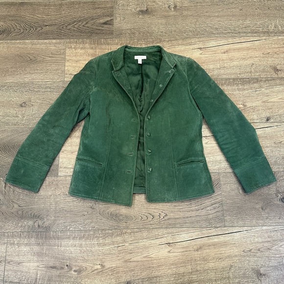 Charter‎ Club Womens Leather Jacket Size 8 Kelly Green Button Up Blazer Paisley - Picture 1 of 8